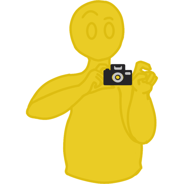 A person holding a camera in one hand and making the asl sign for "question" with the other. The person is making an inquisitive face by raising one eyebrow. They have an apple shaped figure.
